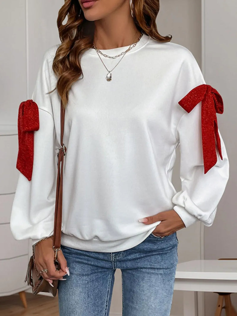 Långärmad sweatshirt med rund halsringning, rosett och knytdetalj