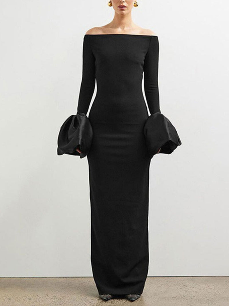 Offshoulder maxiklänning med slits och volang