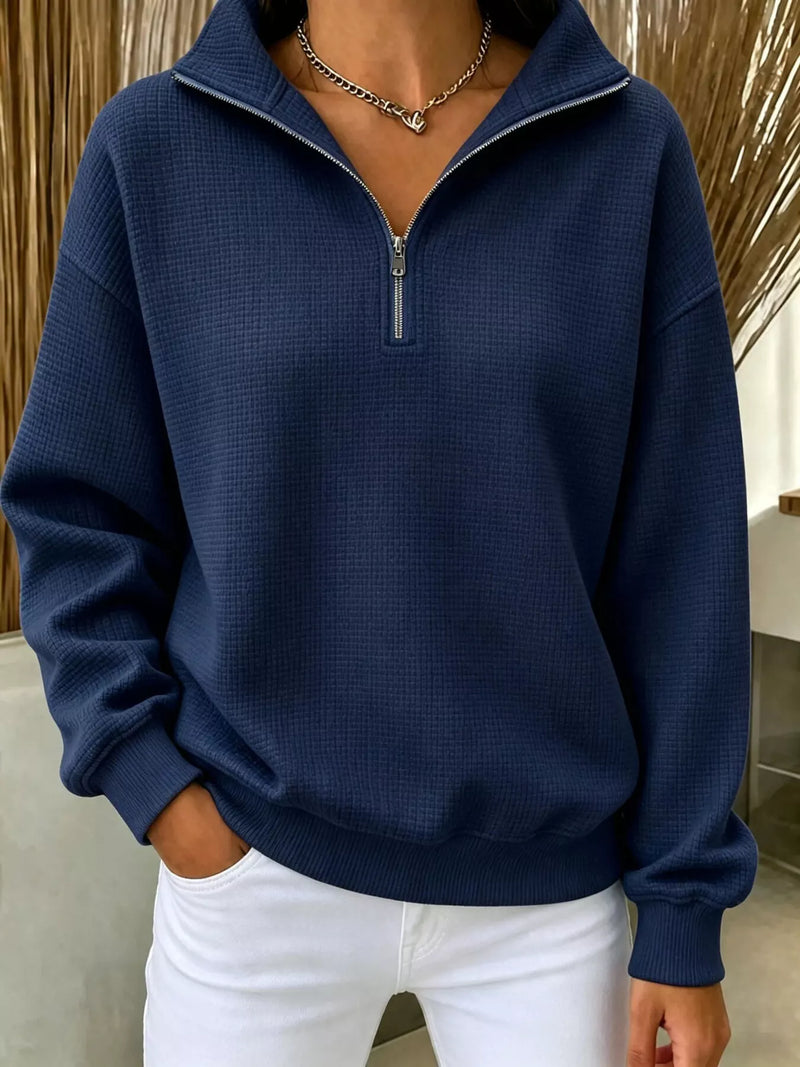 Våffelstickad sweatshirt med kort dragkedja