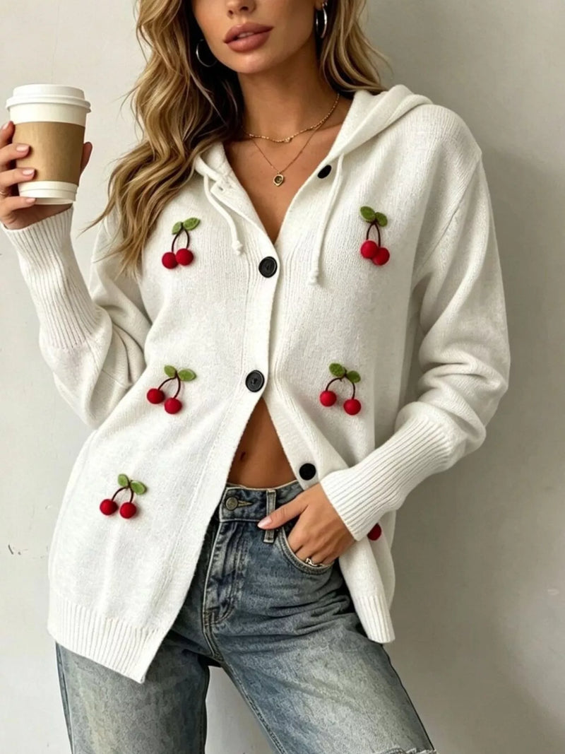 Cardigan med körsbärsmotiv och huva