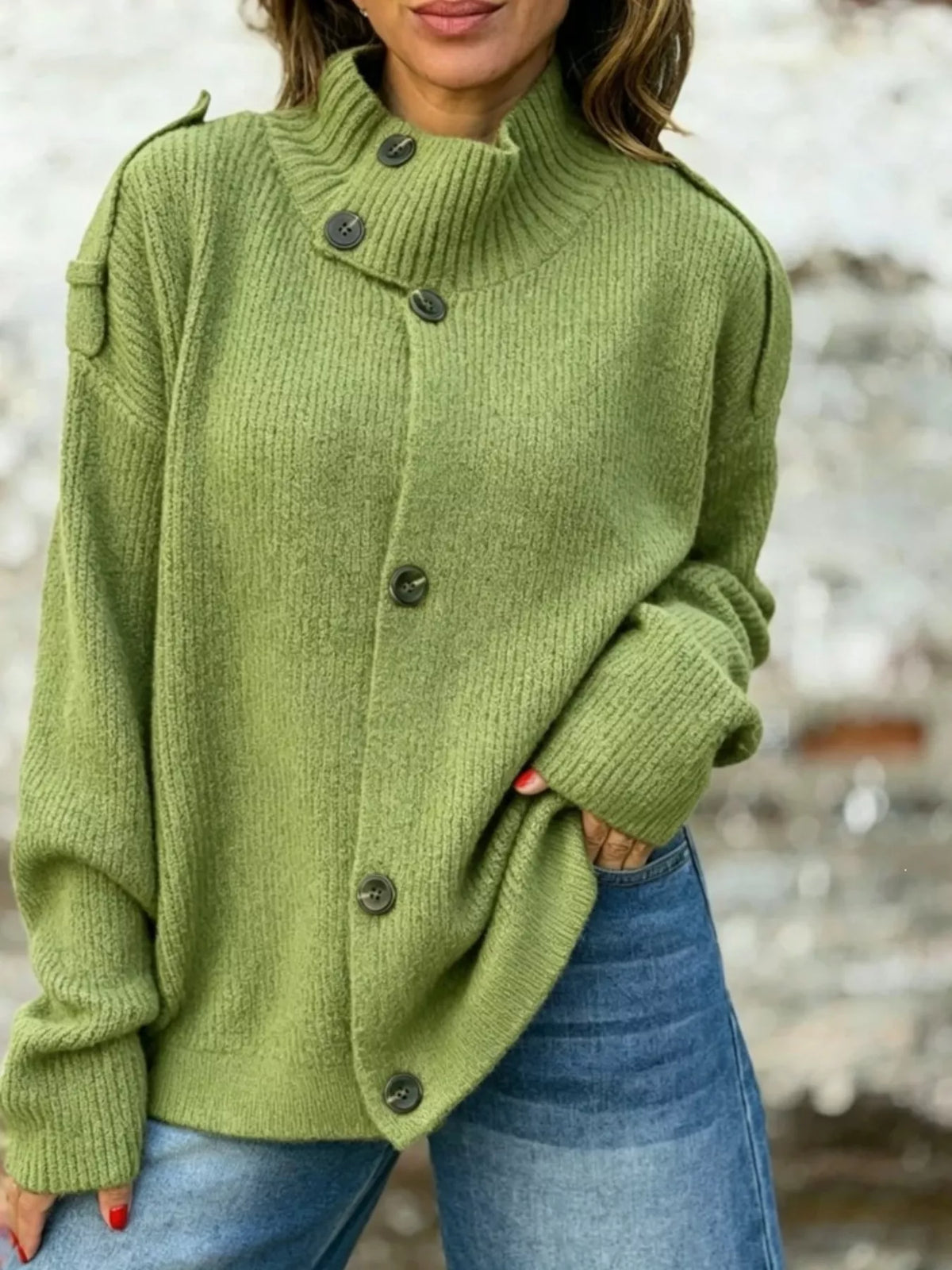 Ribbad cardigan med hög halsringning – bild 5
