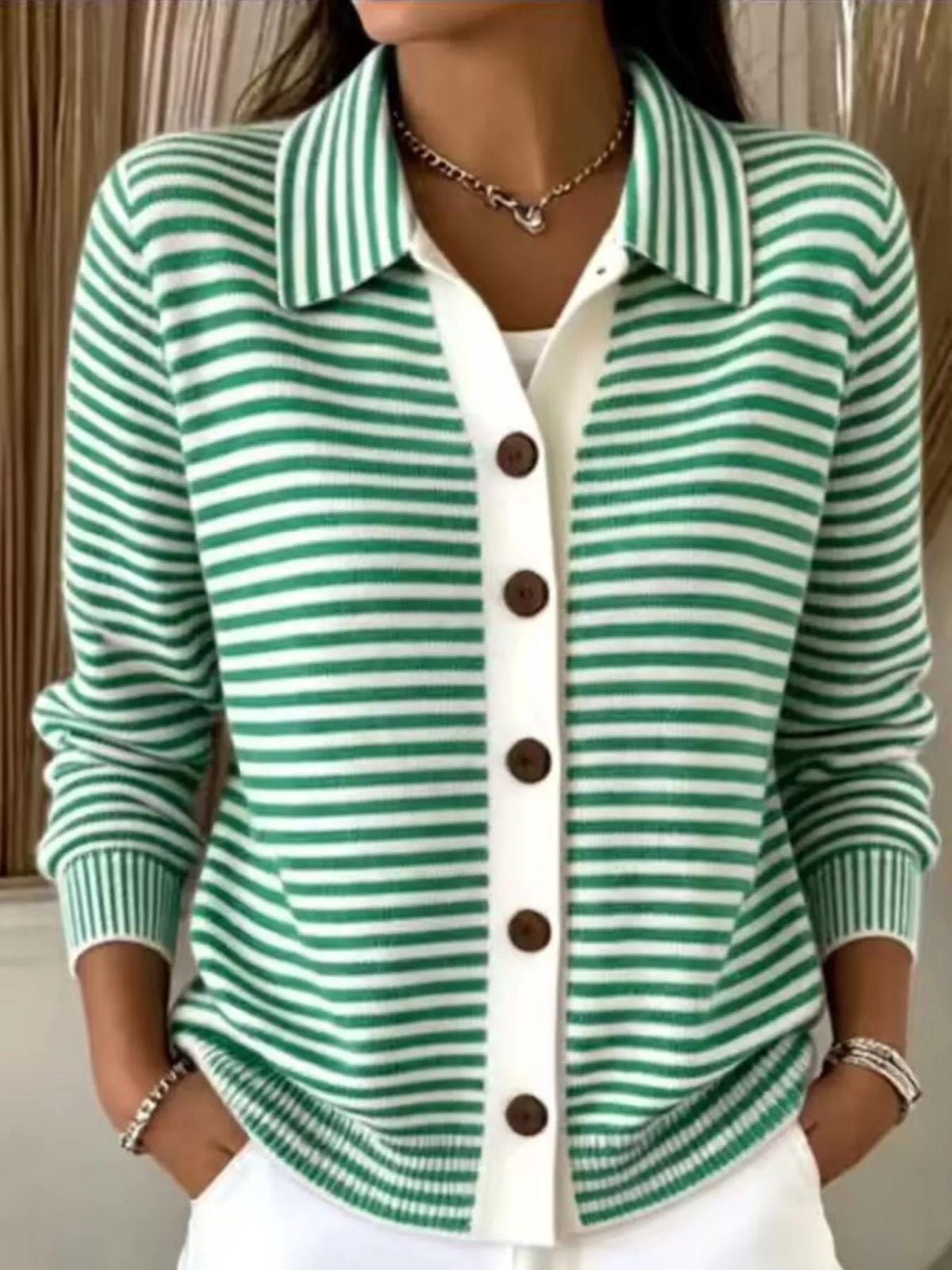 Randig cardigan med krage – bild 5