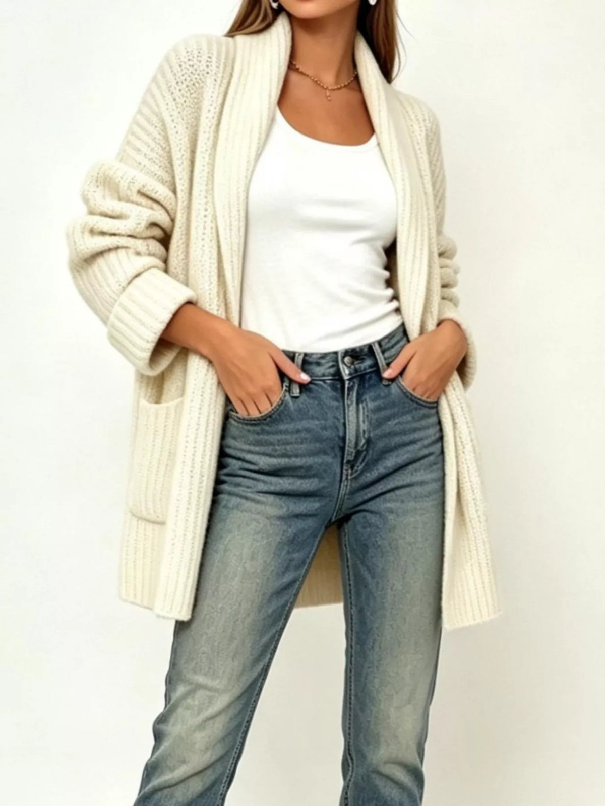 Ribbad cardigan med öppen modell och fickor – bild 2