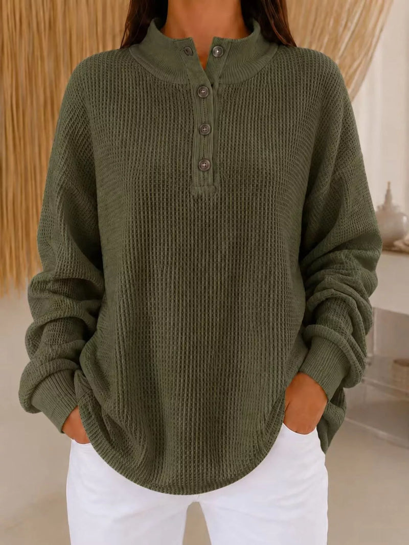 Våffelstickad sweatshirt med knappstängning