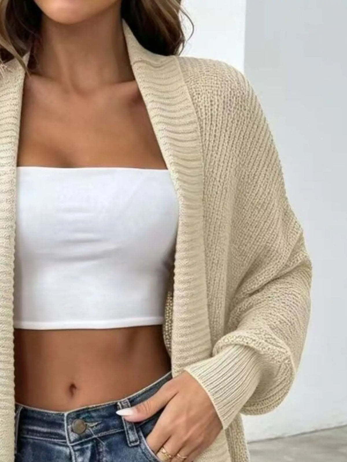 Ribbad långärmad cardigan med öppen modell – bild 8