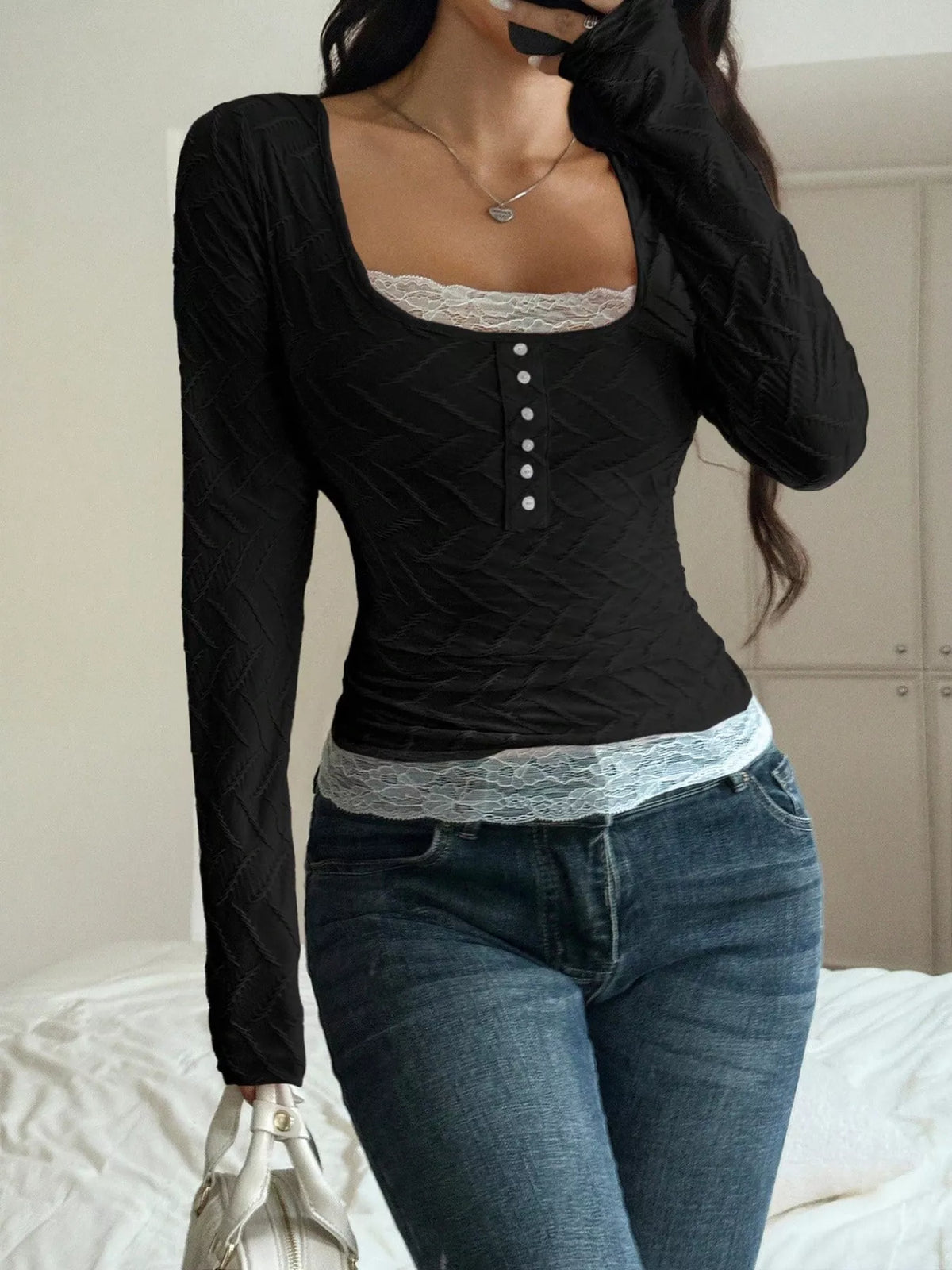 Strukturerad t-shirt med fyrkantig halsringning – bild 7