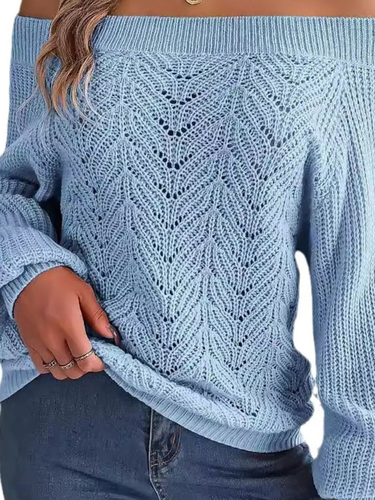 Hålmönstrad offshoulder tröja – bild 11