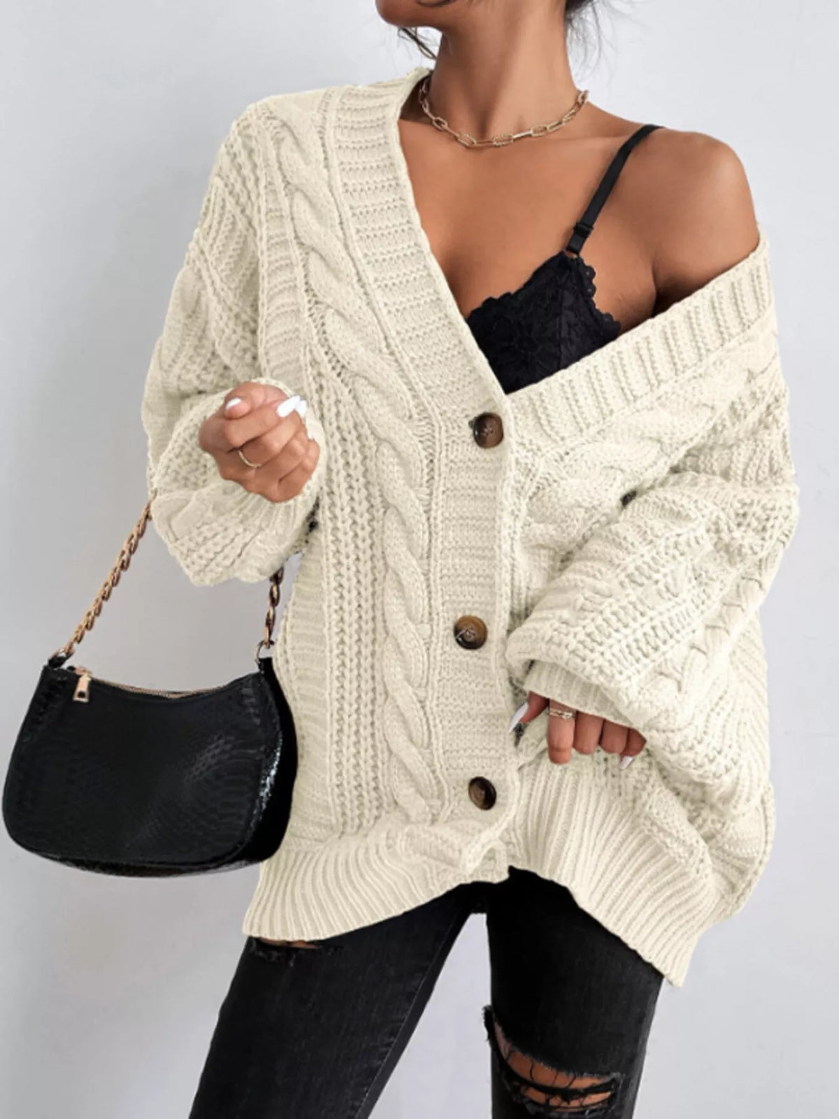 Kabelstickad oversize cardigan – bild 9