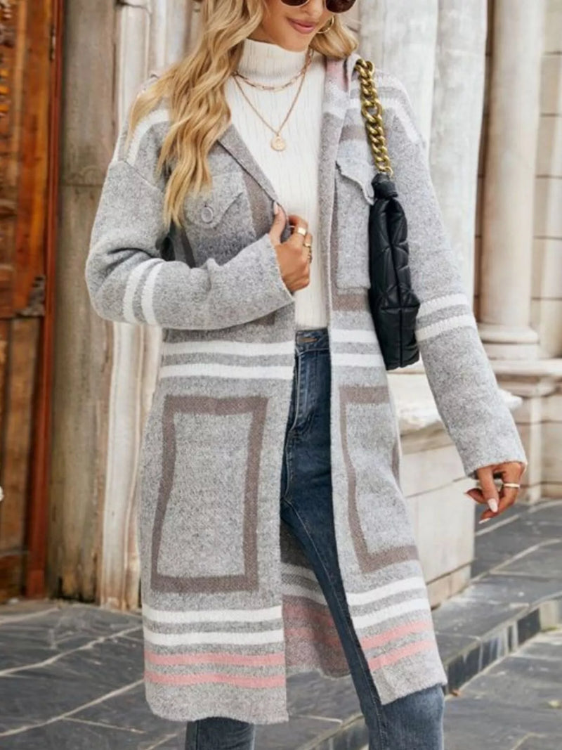 Randig lång cardigan med huva