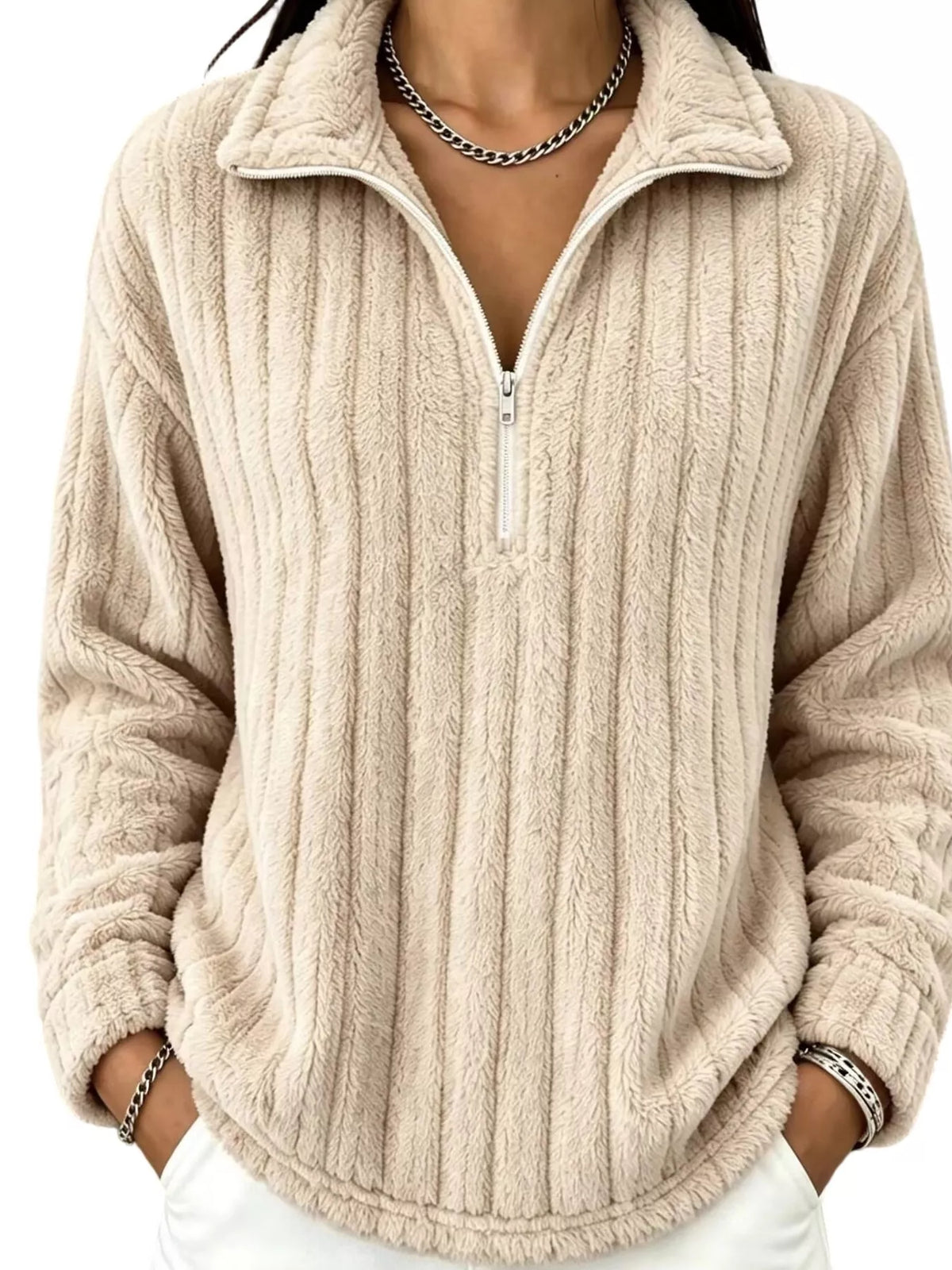 Sweatshirt med sänkt axel och kort dragkedja – bild 4