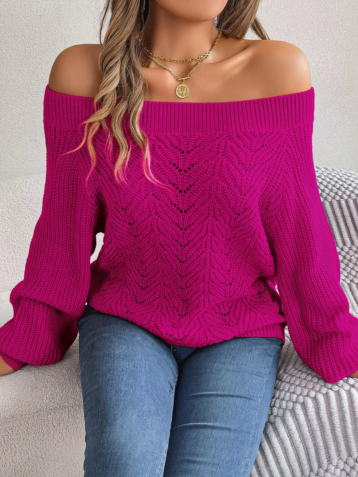 Hålmönstrad offshoulder tröja – bild 26