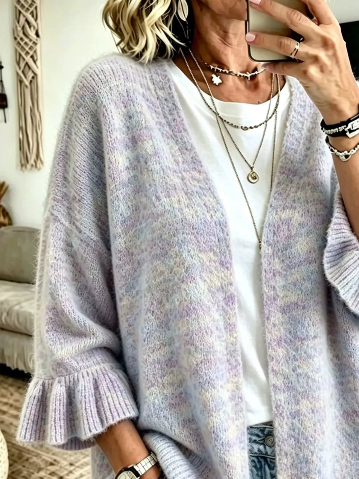 Ribbad cardigan med öppen modell och volang – bild 4