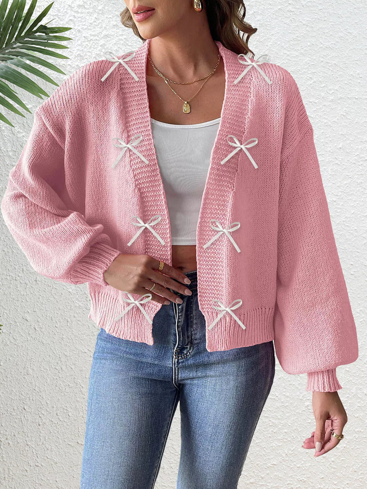 Cardigan med öppen modell och rosett – bild 15