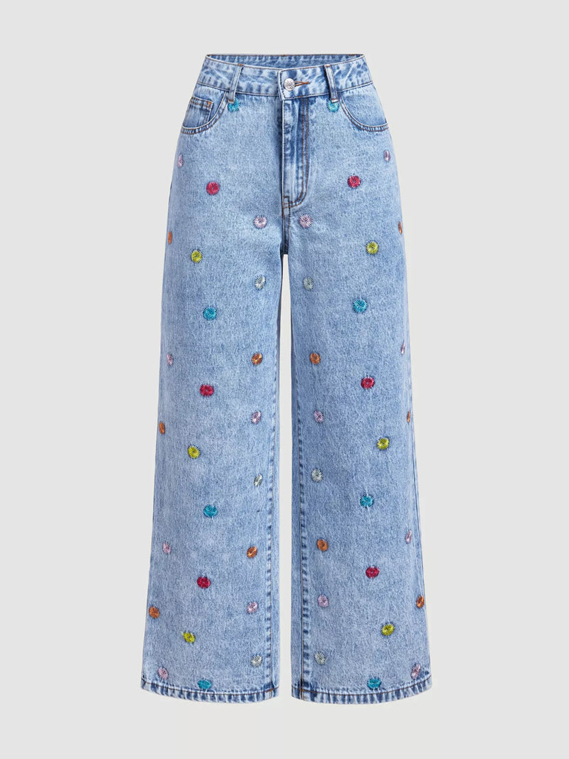 Vida broderade jeans med hög midja och knappstängning