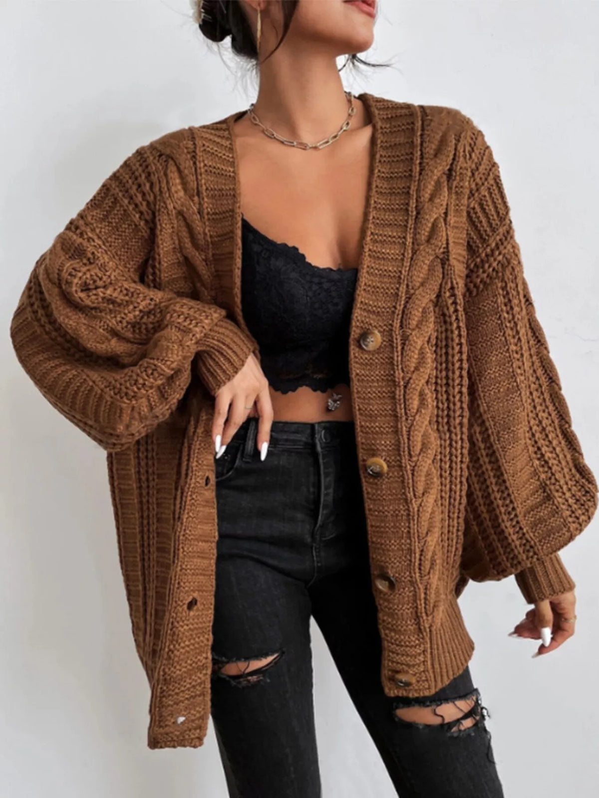 Kabelstickad oversize cardigan – bild 7