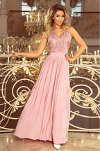 13385-1-215-5 LEA long sleeveless dress with embroidered cleavage - TAUPE-1