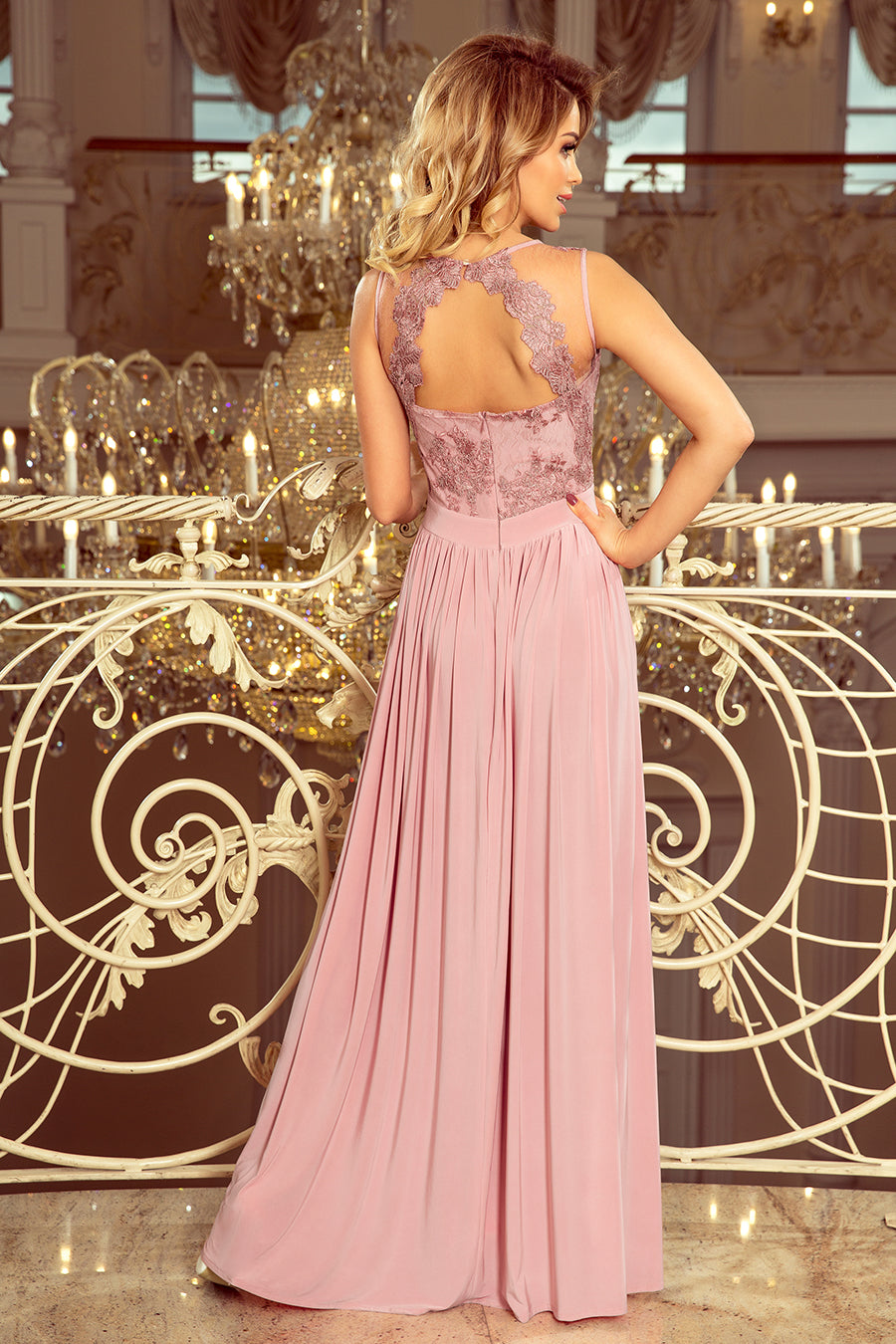 13385-2-215-5 LEA long sleeveless dress with embroidered cleavage - TAUPE-2