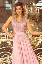 13385-3-215-5 LEA long sleeveless dress with embroidered cleavage - TAUPE-3