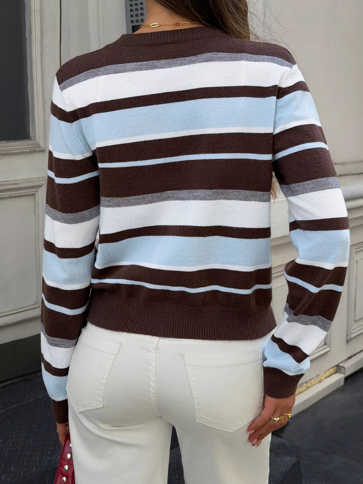 Randig stickad cardigan med knappstängning i akryl – bild 5