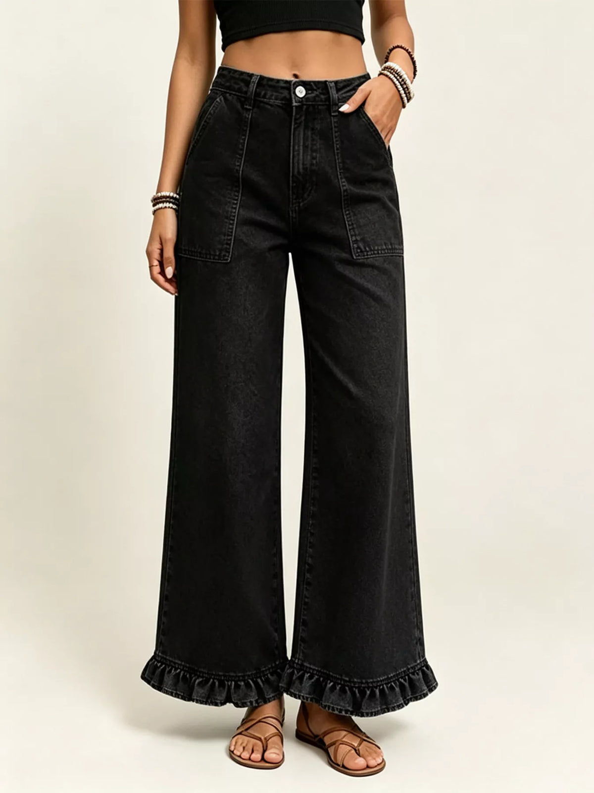 Vida jeans med hög midja och volang – bild 3