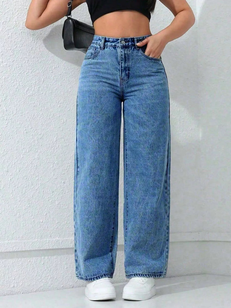 Vida jeans med hög midja, dragkedja, knappstängning och fickor i bomull