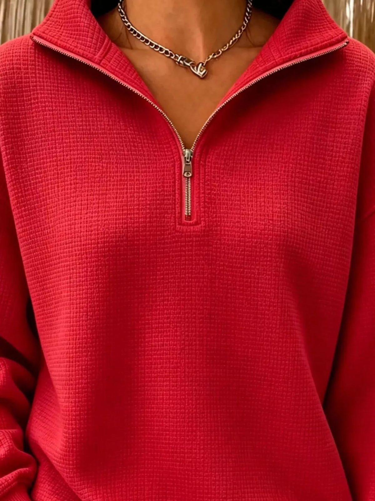 Våffelstickad sweatshirt med kort dragkedja – bild 12