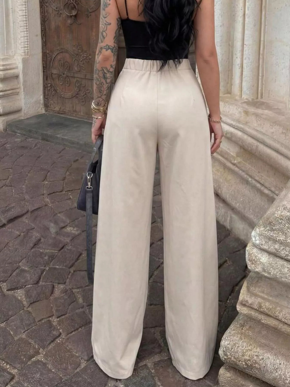 Veckade rynkade byxor med hög midja i polyester – bild 5