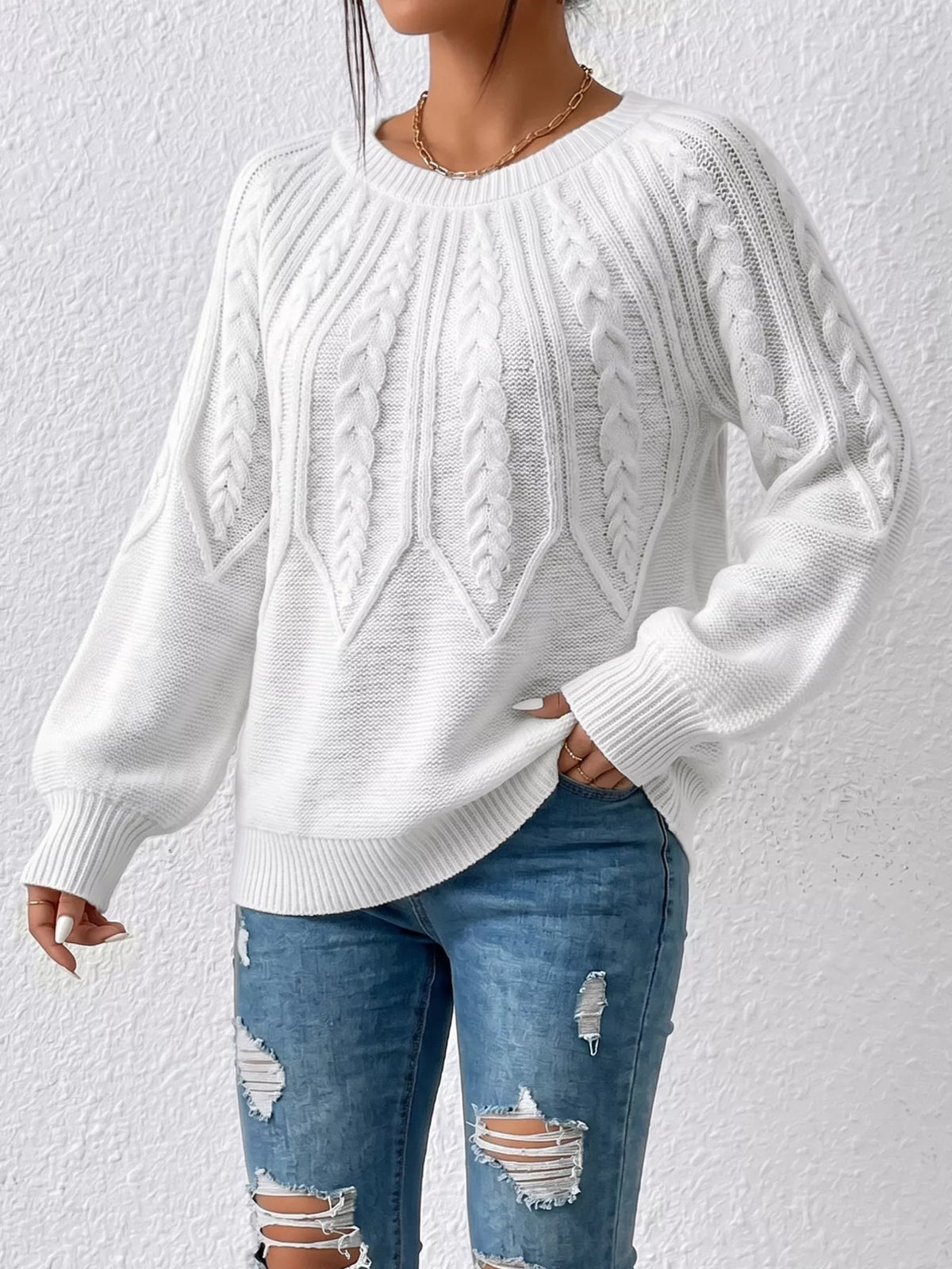 Kabelstickad tröja med rund halsringning i polyester – bild 2