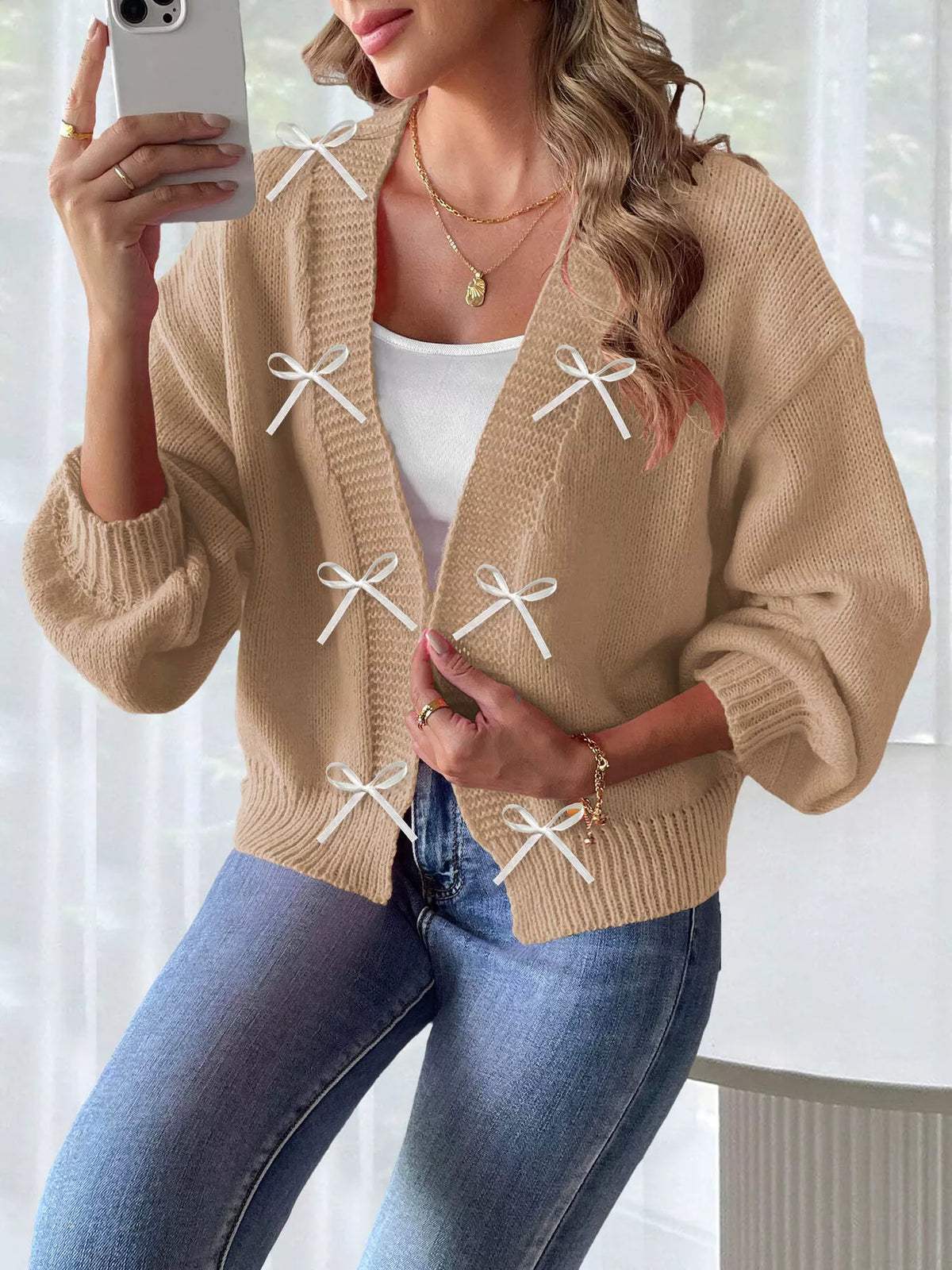 Cardigan med öppen modell och rosett – bild 11