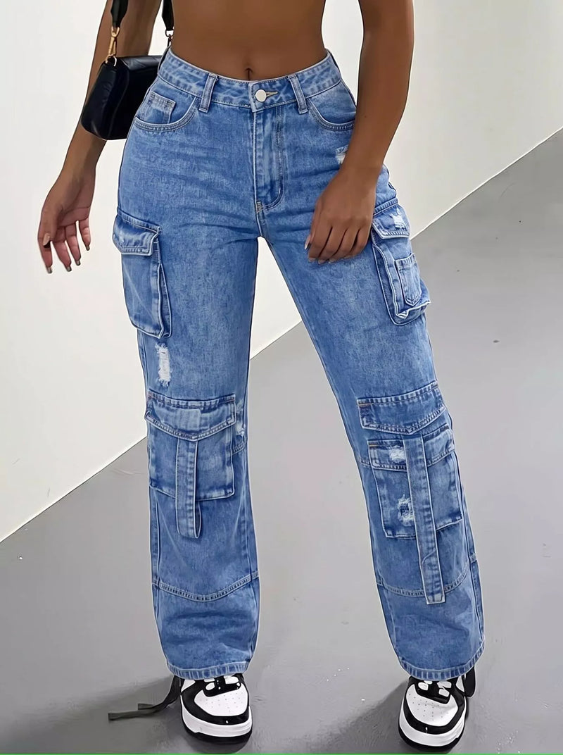 Jeans med hög midja och cargofickor