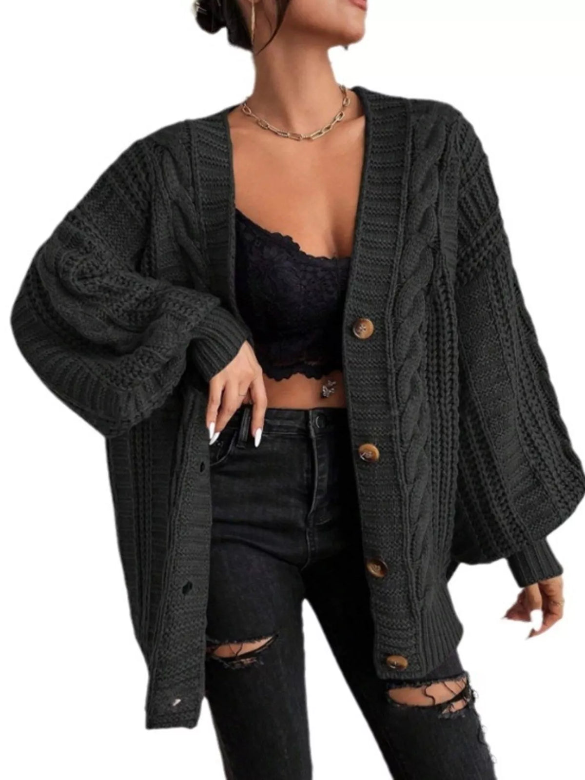 Kabelstickad oversize cardigan – bild 6