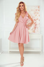 17225-9-393-2 ROSALIA Feminine dress with an envelope neckline and bows - powder pink-9
