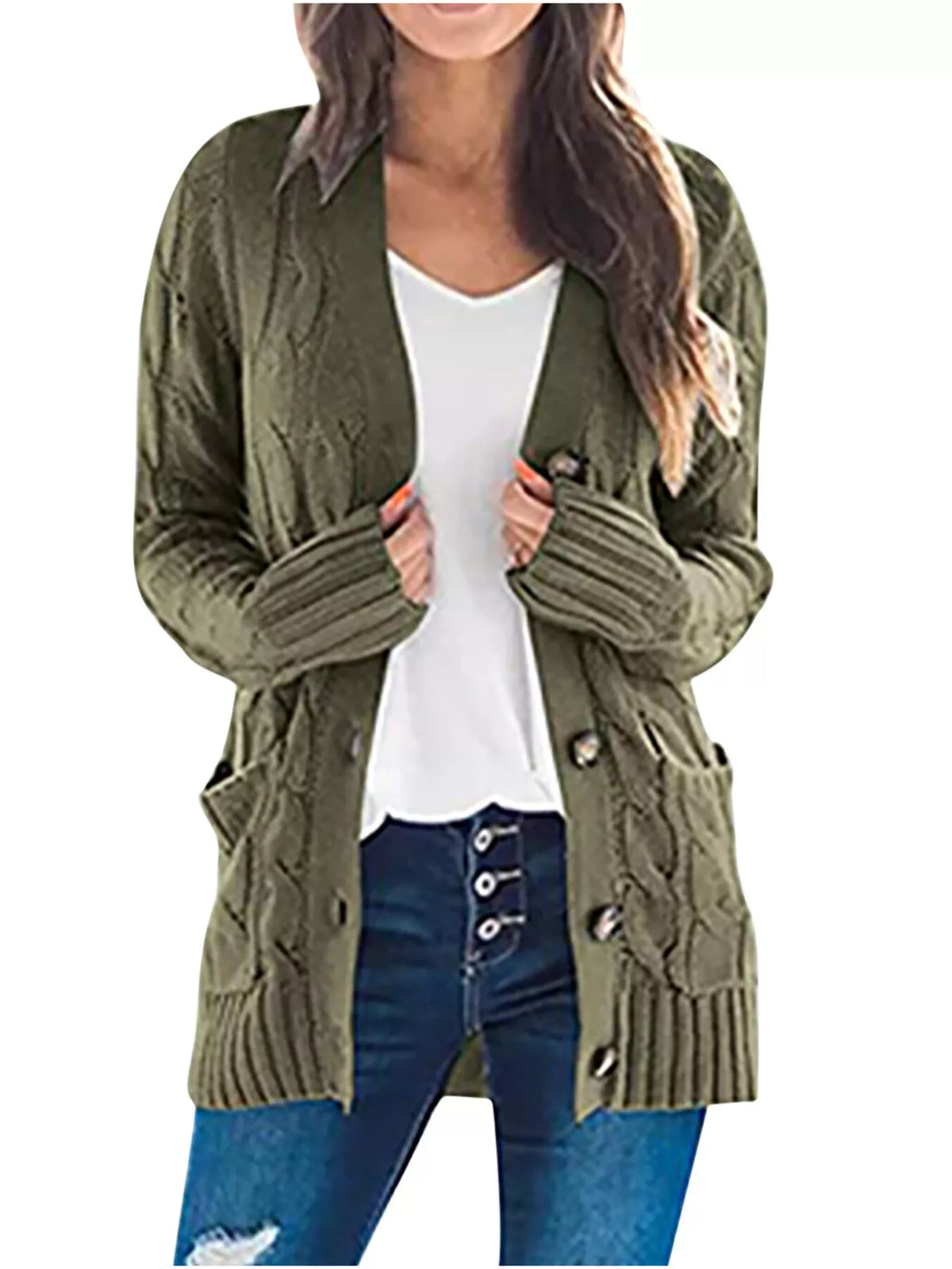 Grovstickad cardigan med knappstängning – bild 4