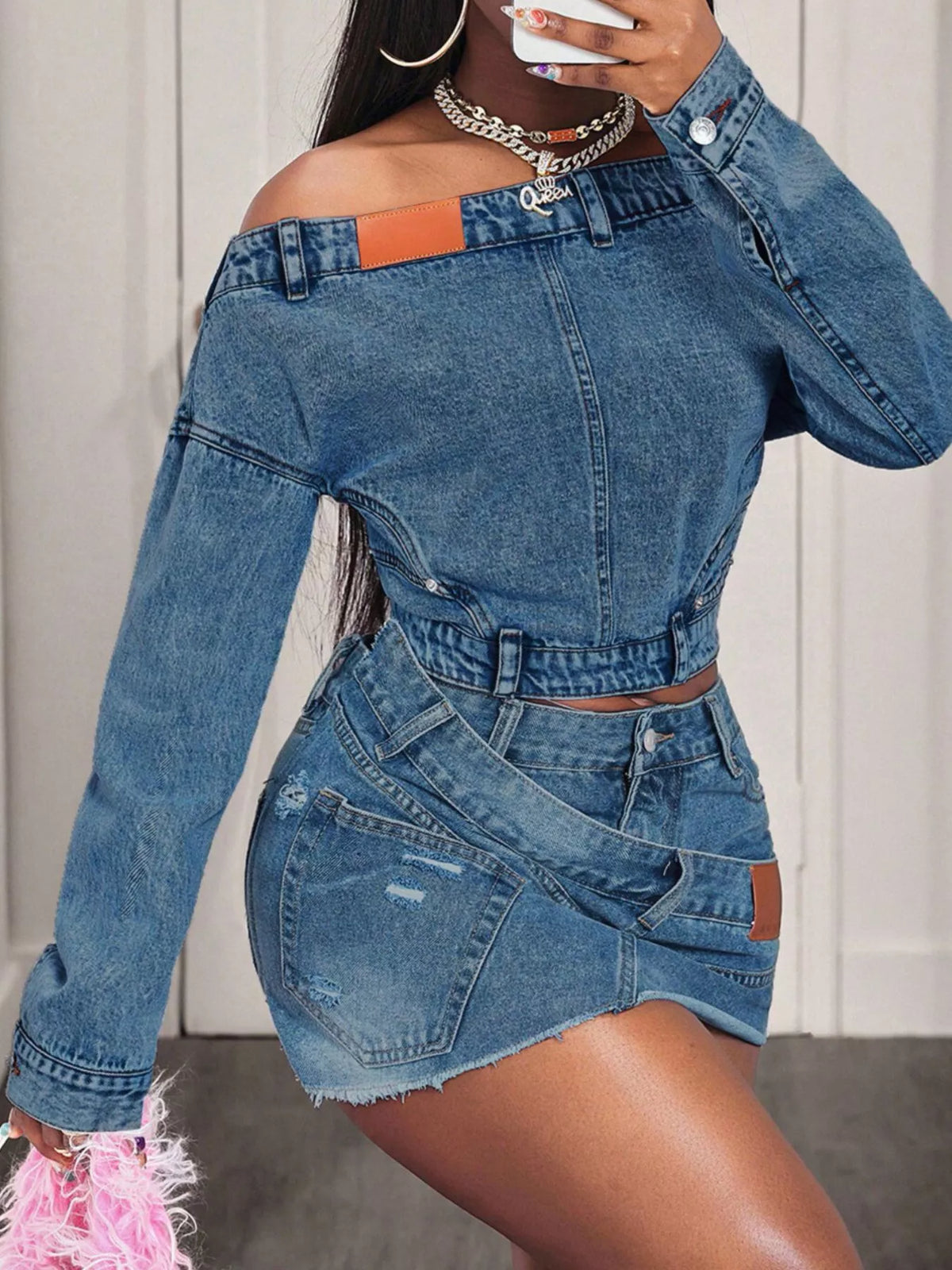 Offshoulder topp i denim – bild 4