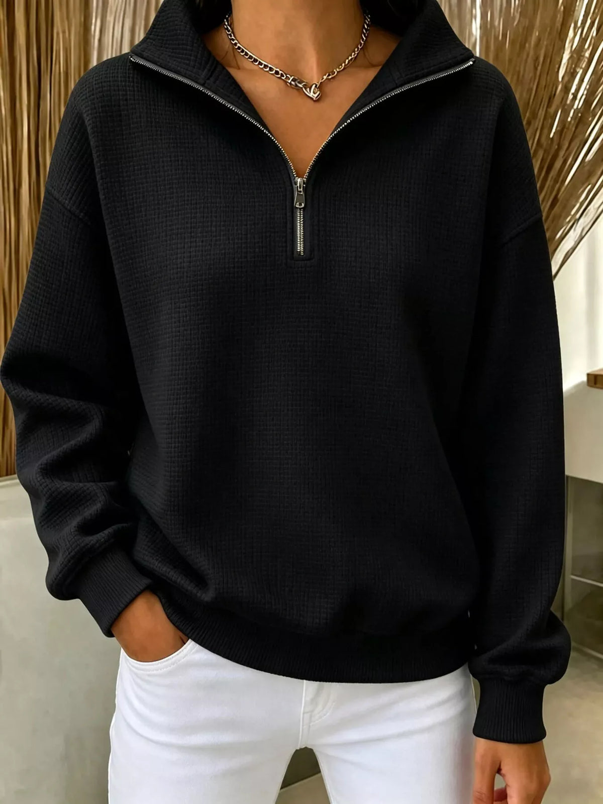 Våffelstickad sweatshirt med kort dragkedja – bild 5