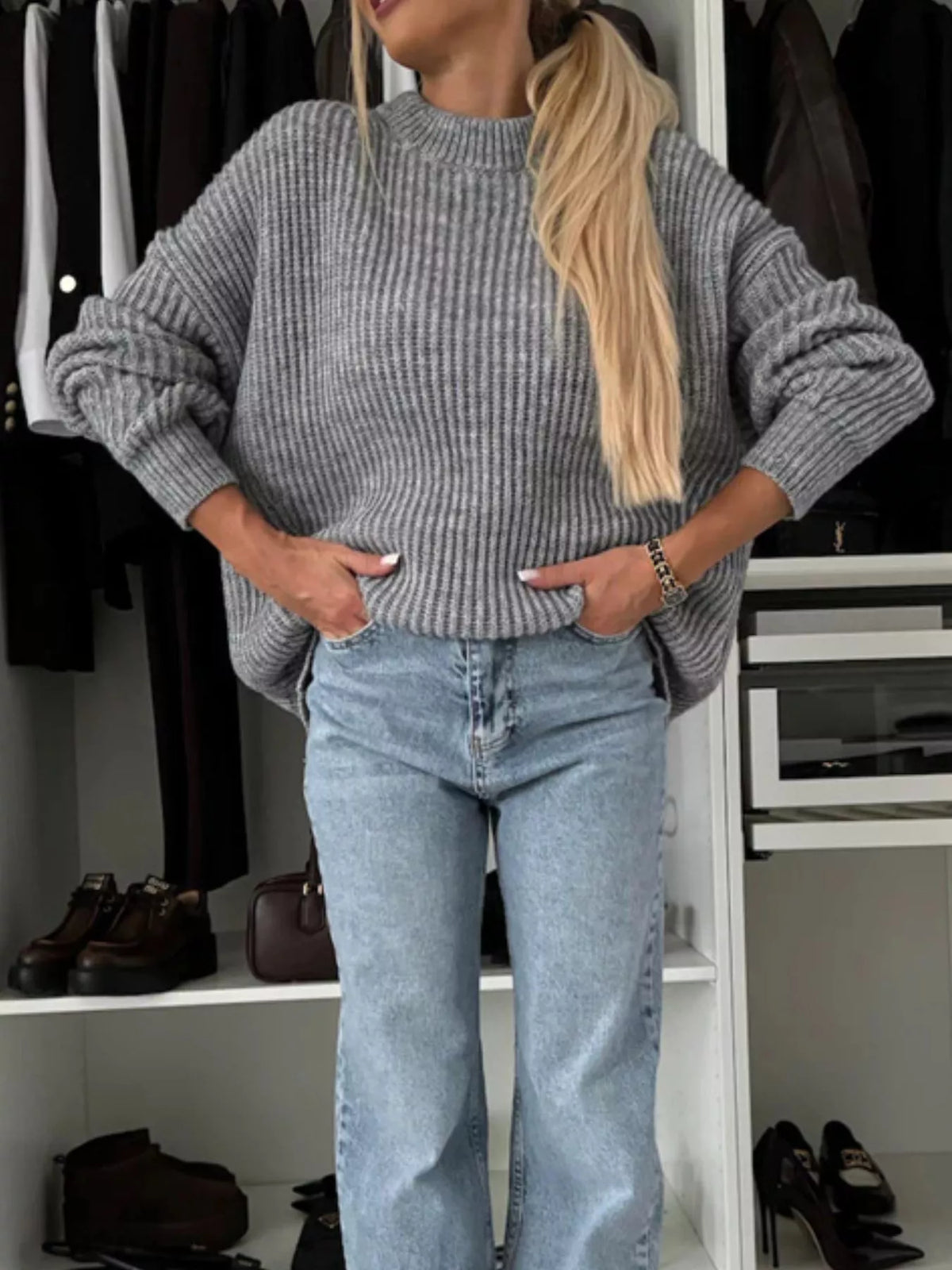 Ribbad tröja med rund halsringning i polyester – bild 4