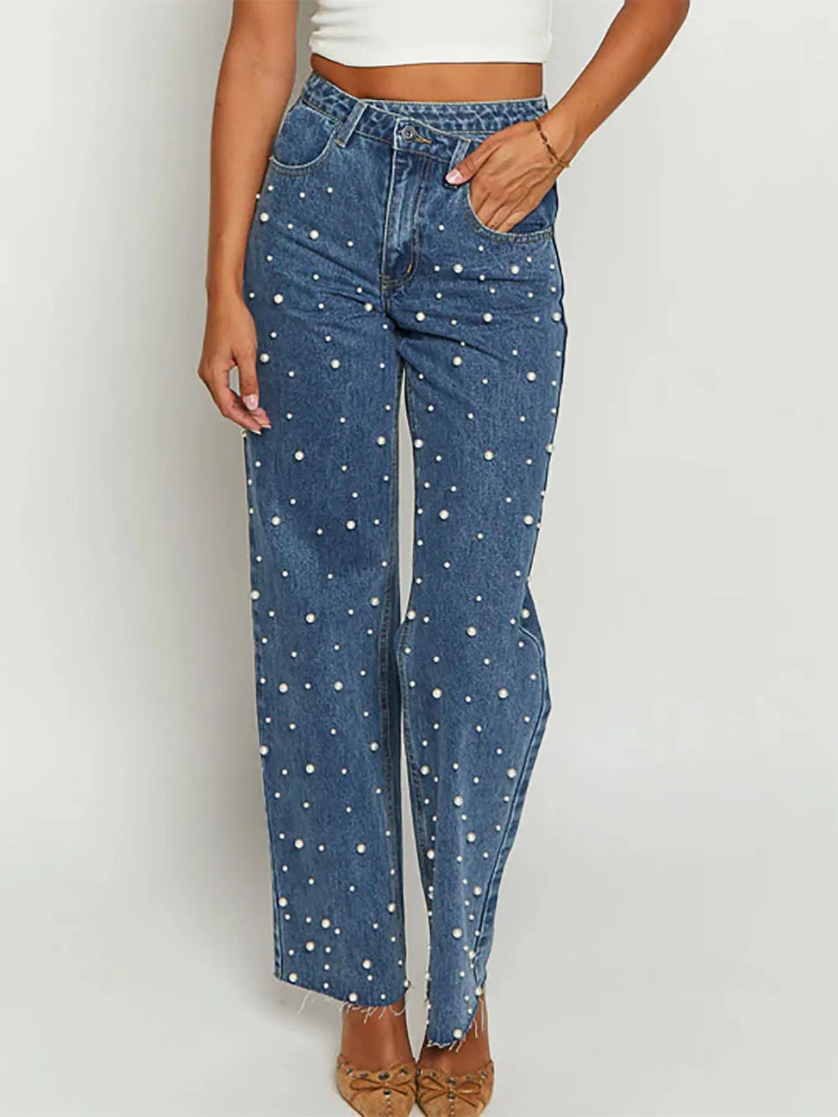 Raka dekorerade jeans med hög midja – bild 2