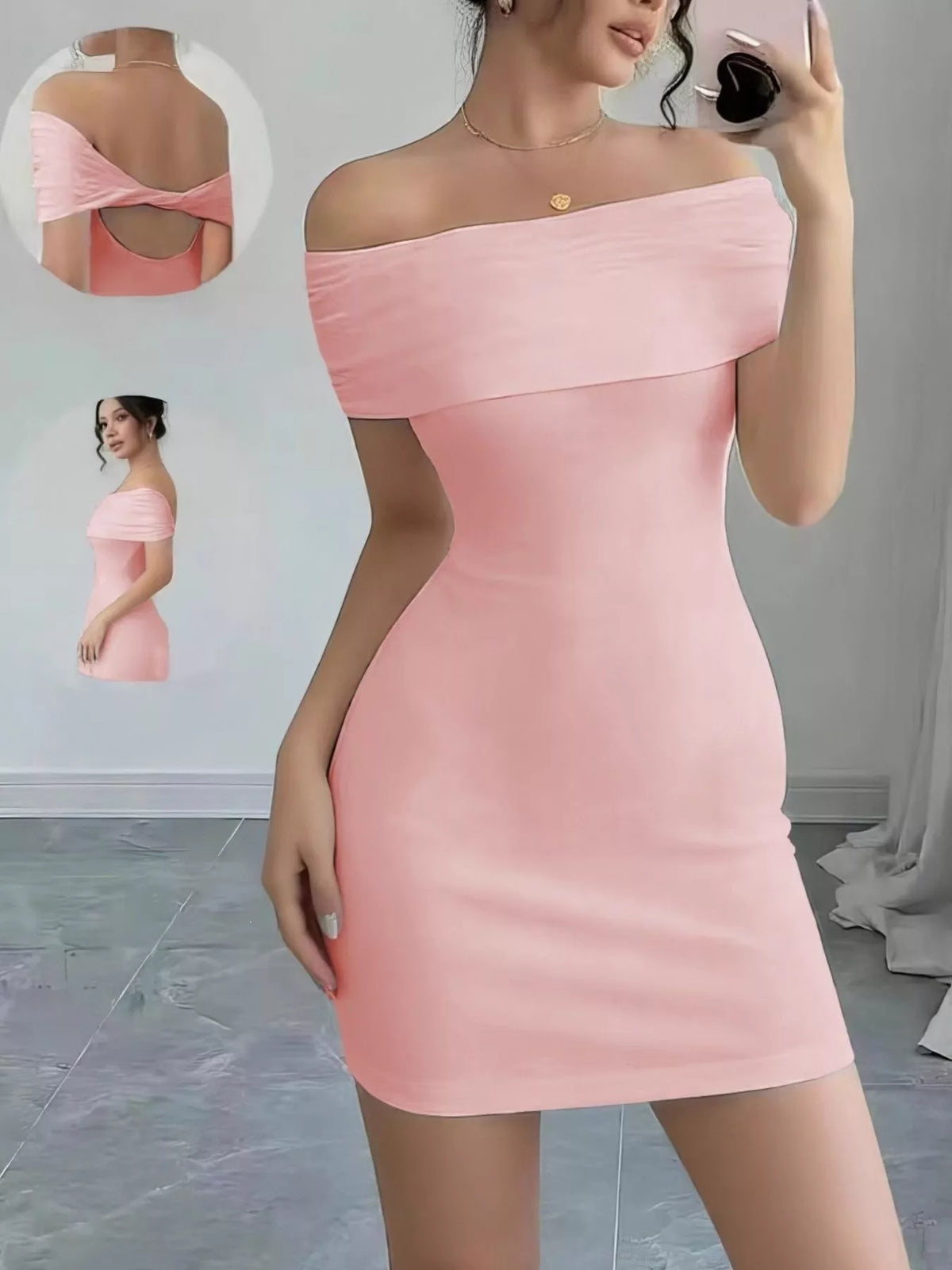 Figurnära offshoulder miniklänning med öppen rygg – bild 8