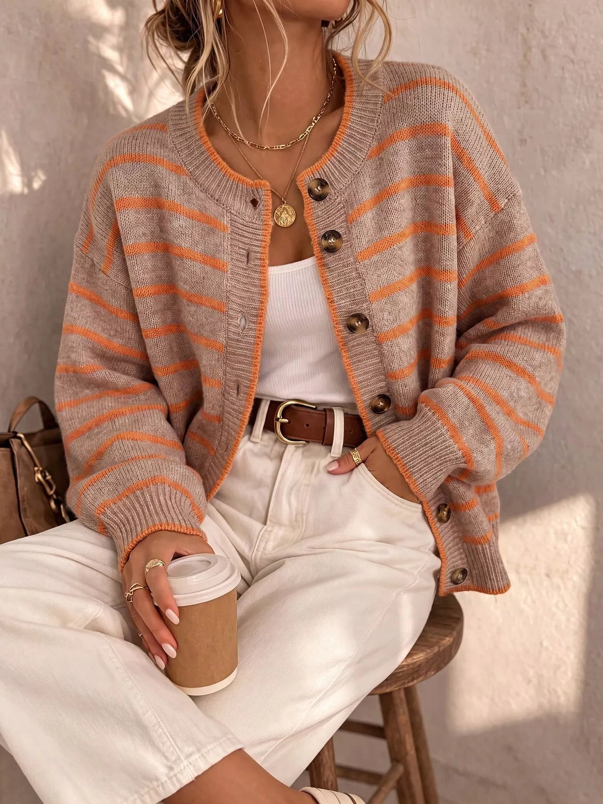 Randig stickad cardigan med knappstängning i polyester – bild 7