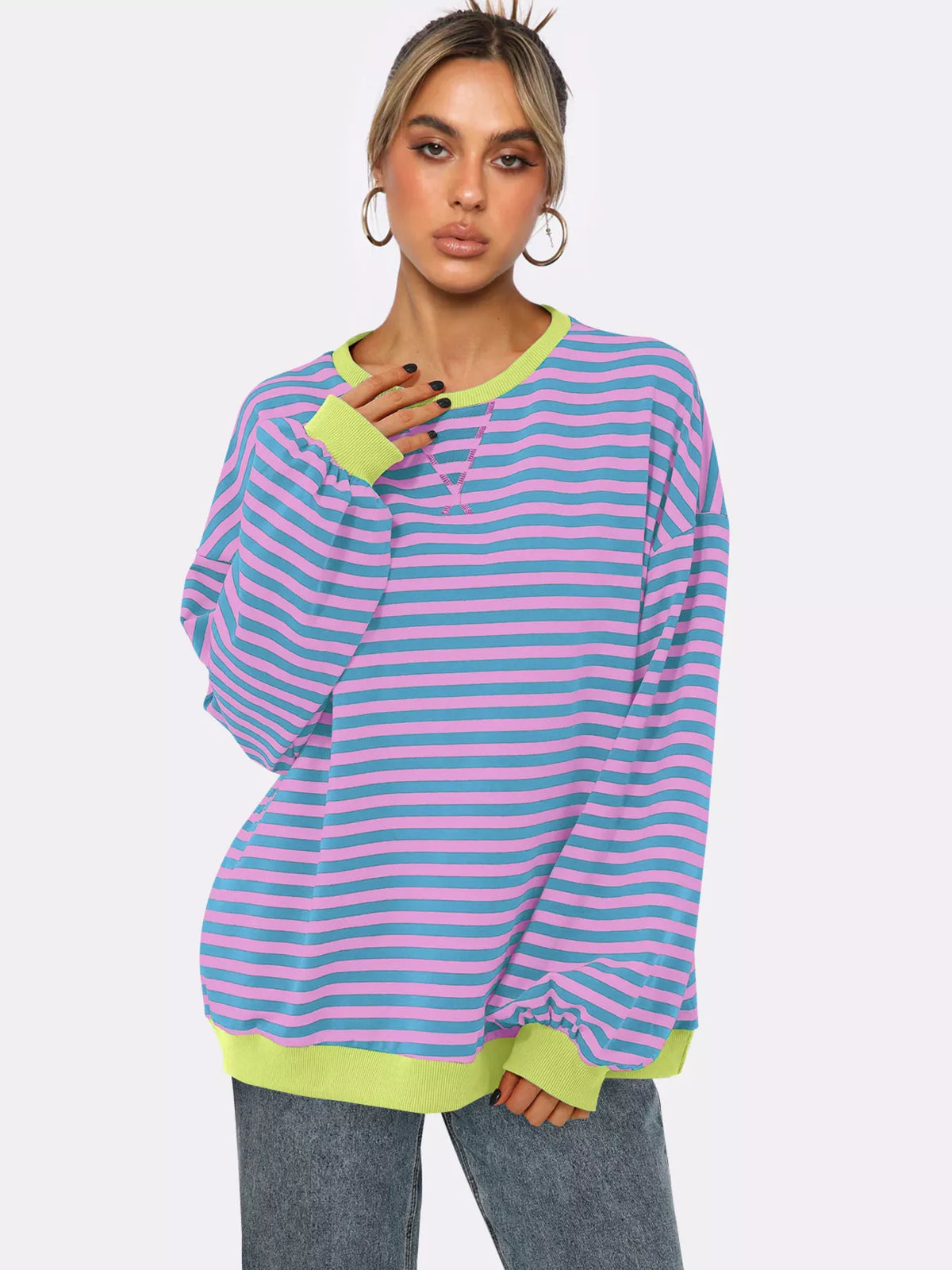 Randig ribbad sweatshirt med rund halsringning – bild 12