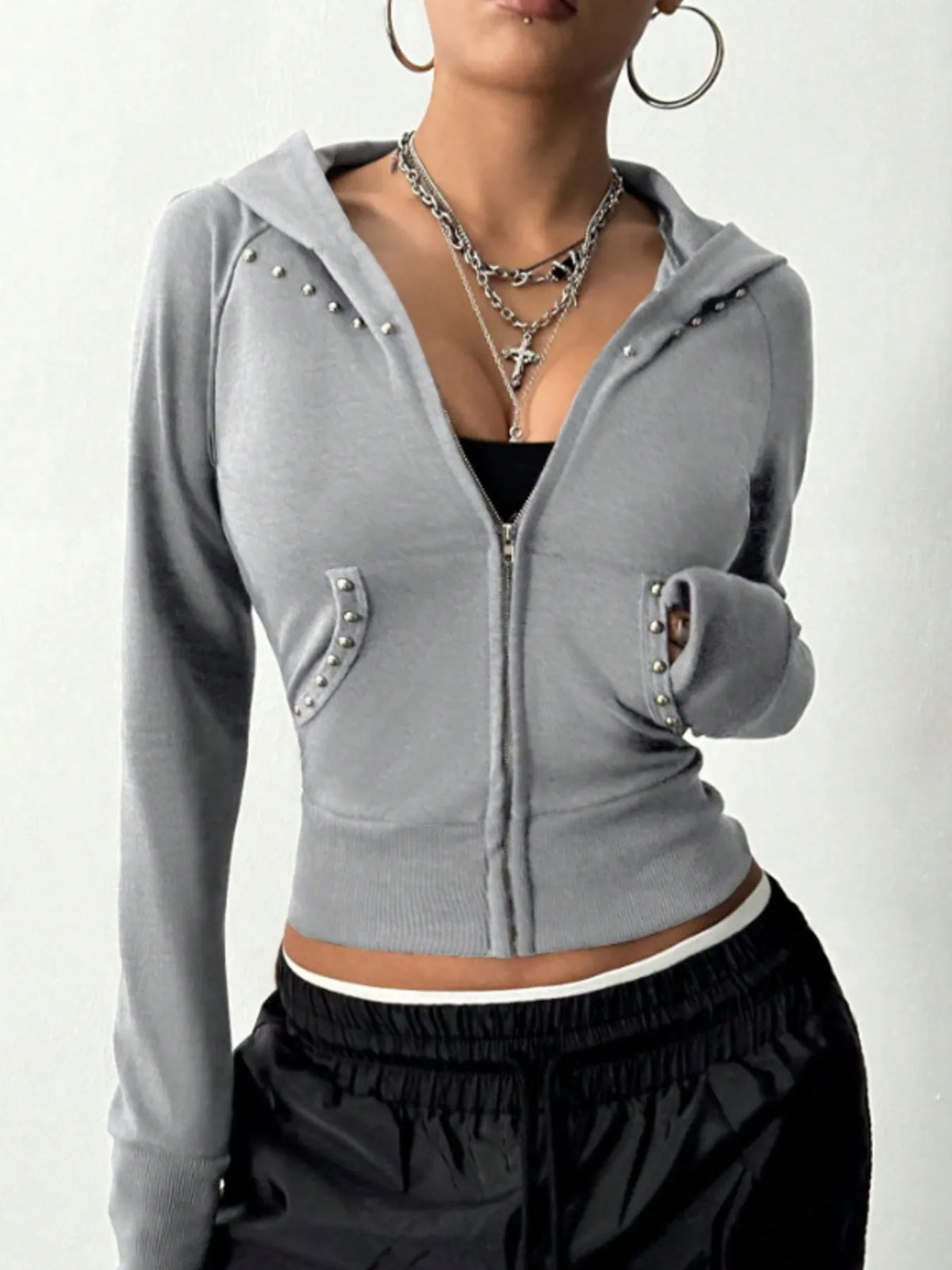 Ribbad långärmad hoodie med dragkedja – bild 23
