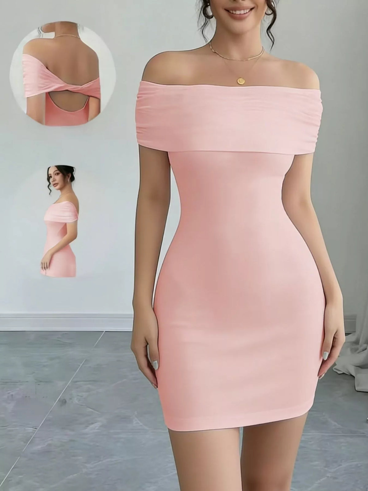 Figurnära offshoulder miniklänning med öppen rygg – bild 6