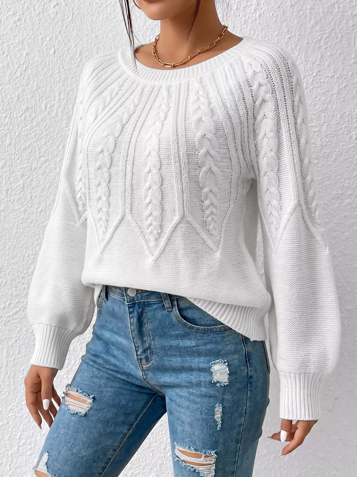Kabelstickad tröja med rund halsringning i polyester – bild 3