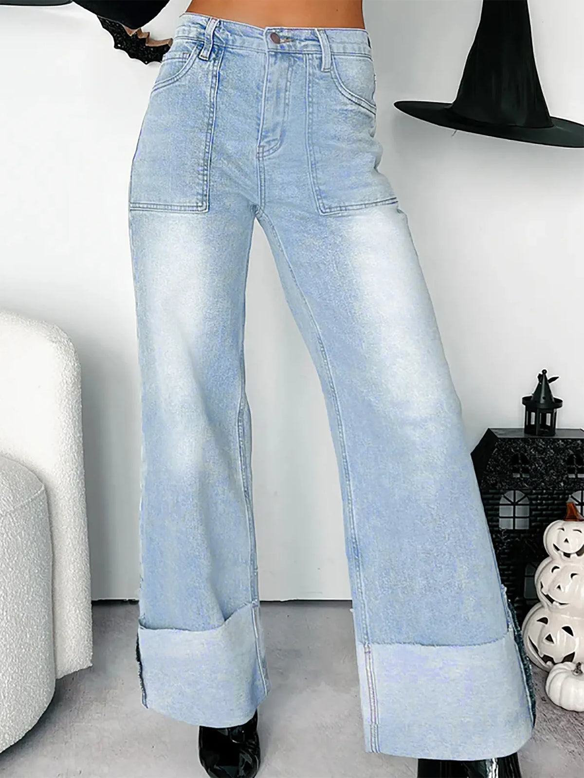 Vida jeans med hög midja och uppvikt kant – bild 3