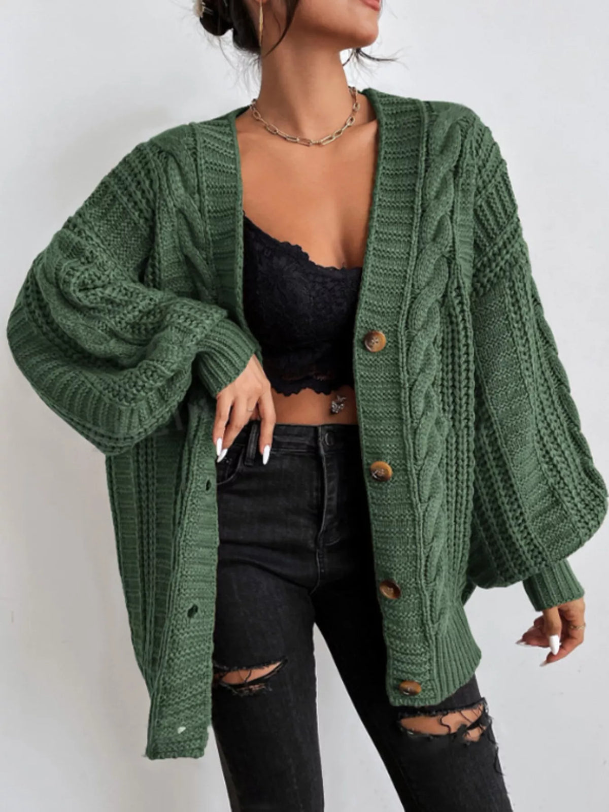 Kabelstickad oversize cardigan – bild 2