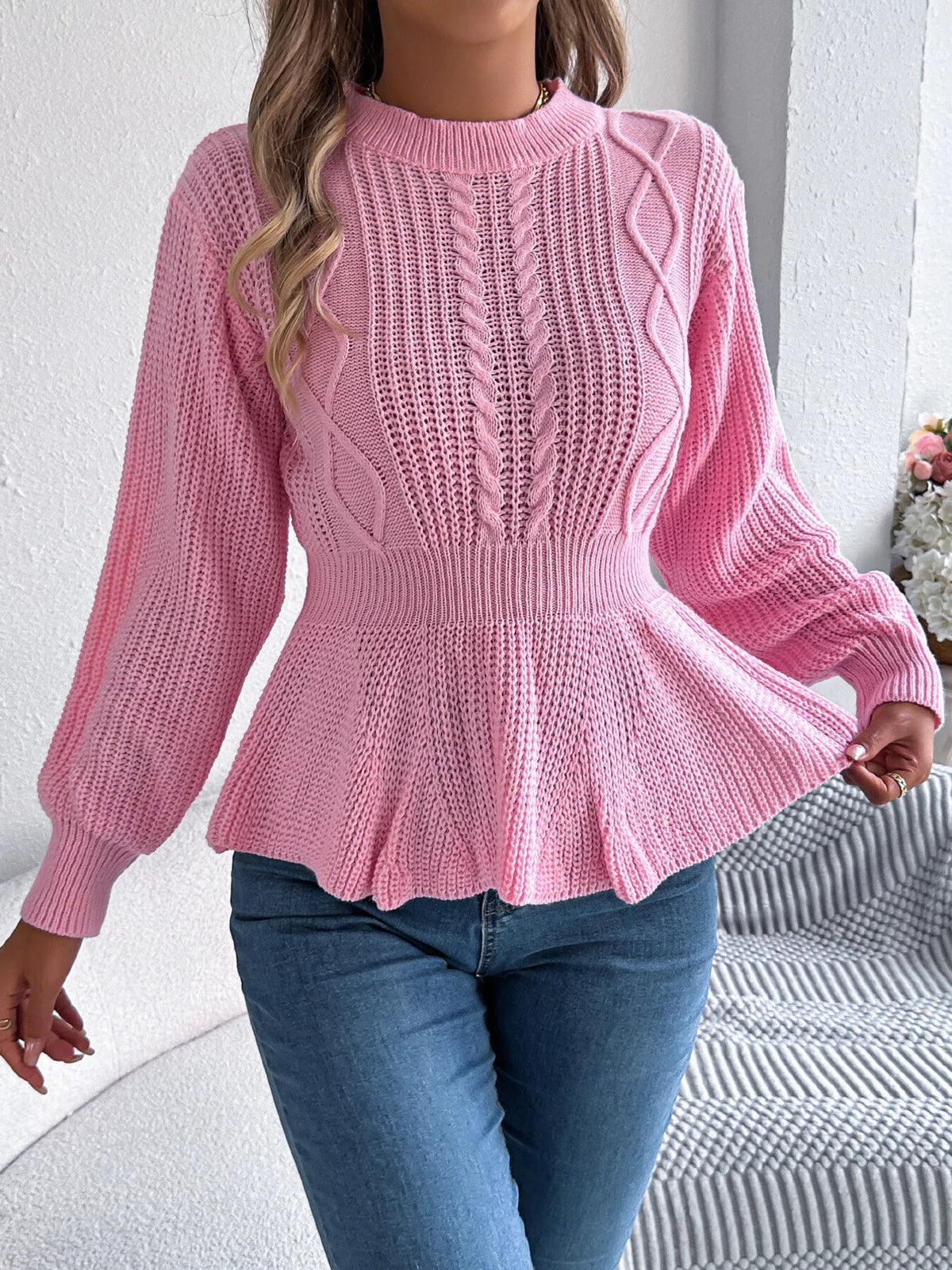 Kabelstickad tröja med peplum – bild 2