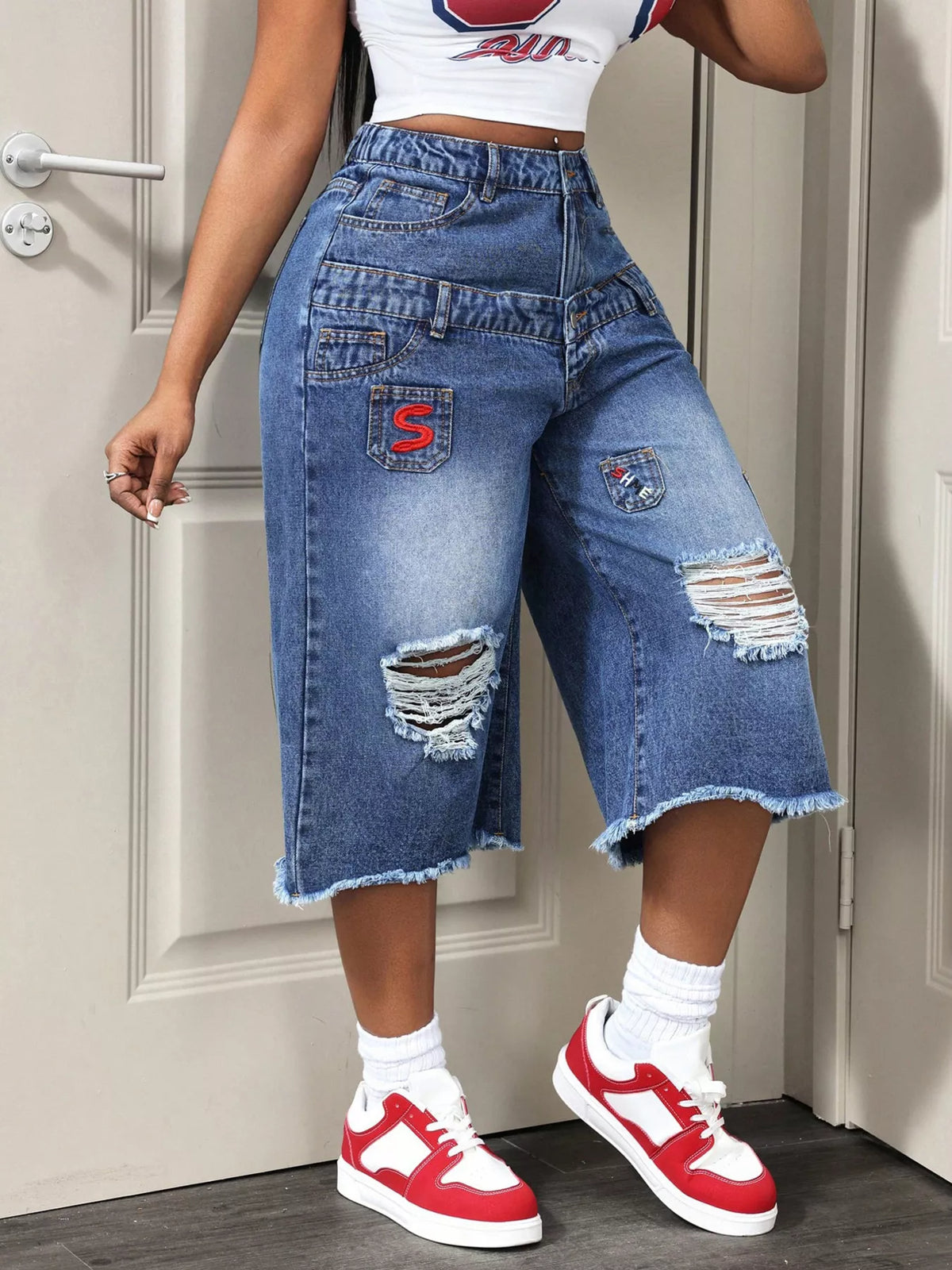 Broderade capribyxor i denim – bild 2