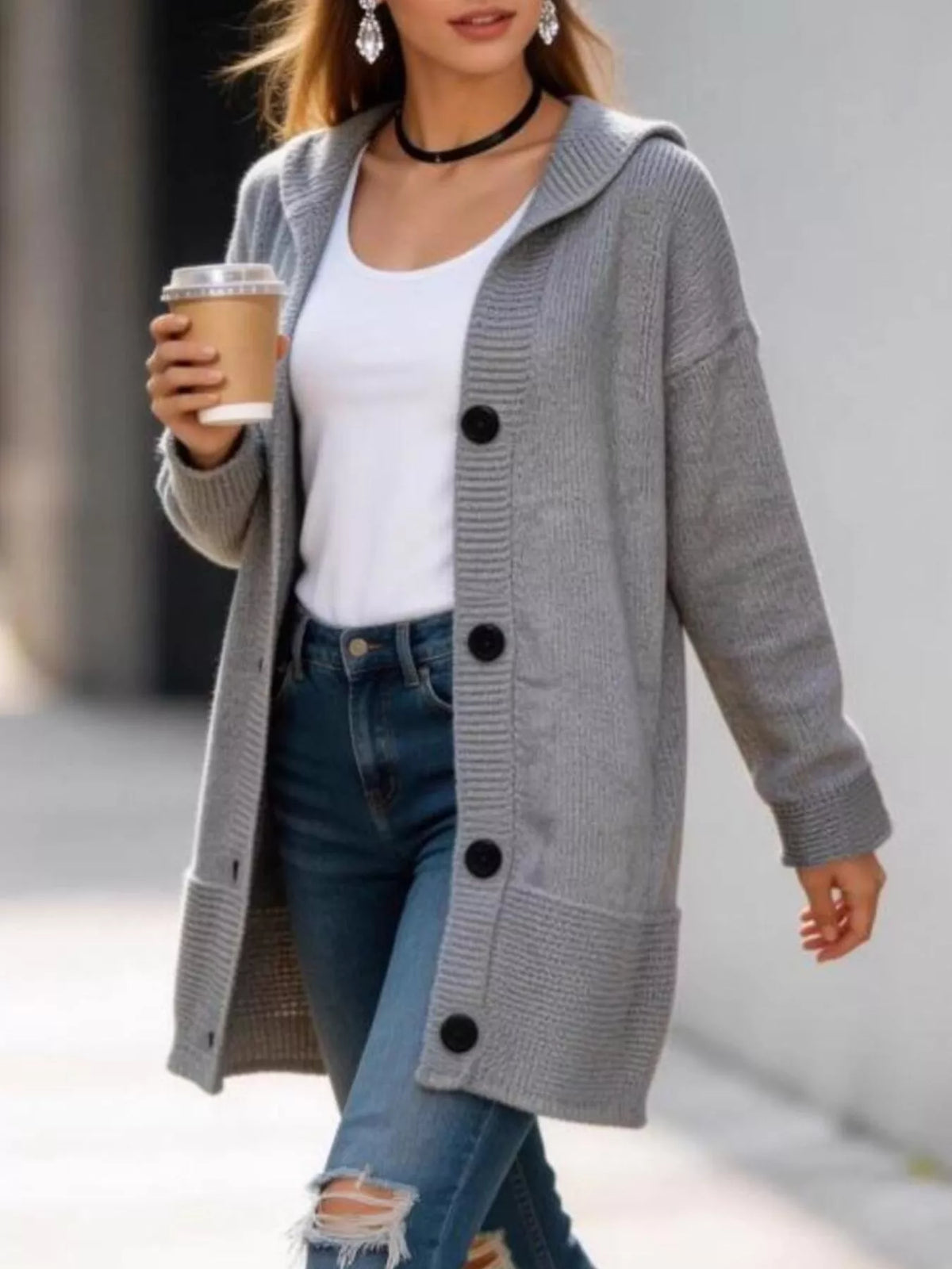 Ribbad cardigan med huva