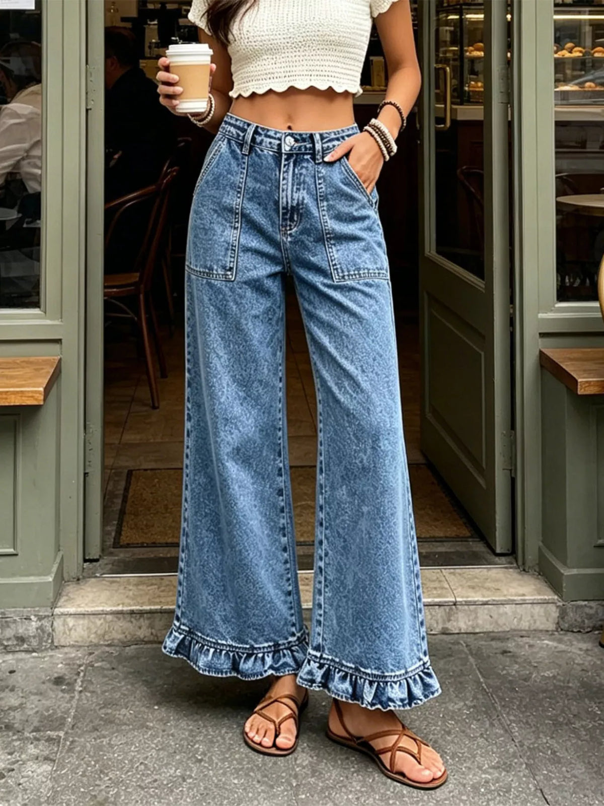 Vida jeans med hög midja och volang – bild 9