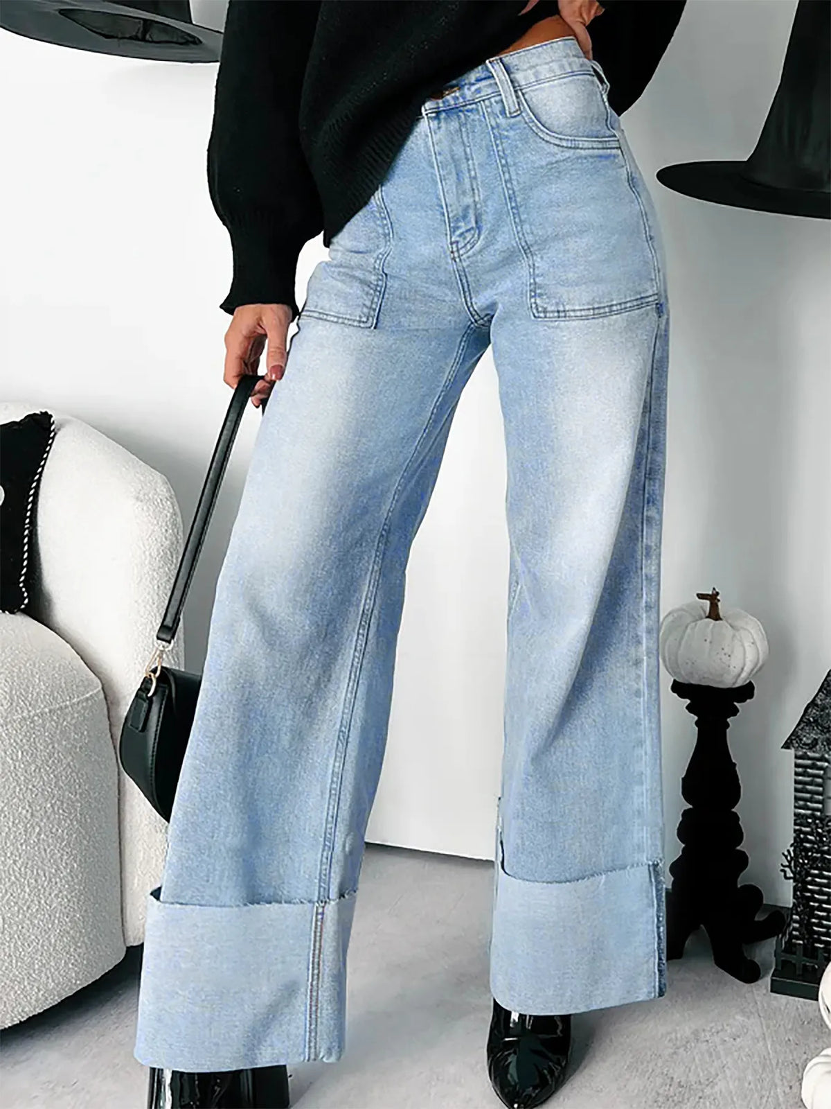 Vida jeans med hög midja och uppvikt kant